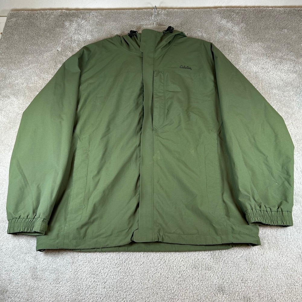 VTG Cabelas Gore-Tex Rain Jacket Mens XL Green Hooded Waterproof Shell Outdoor